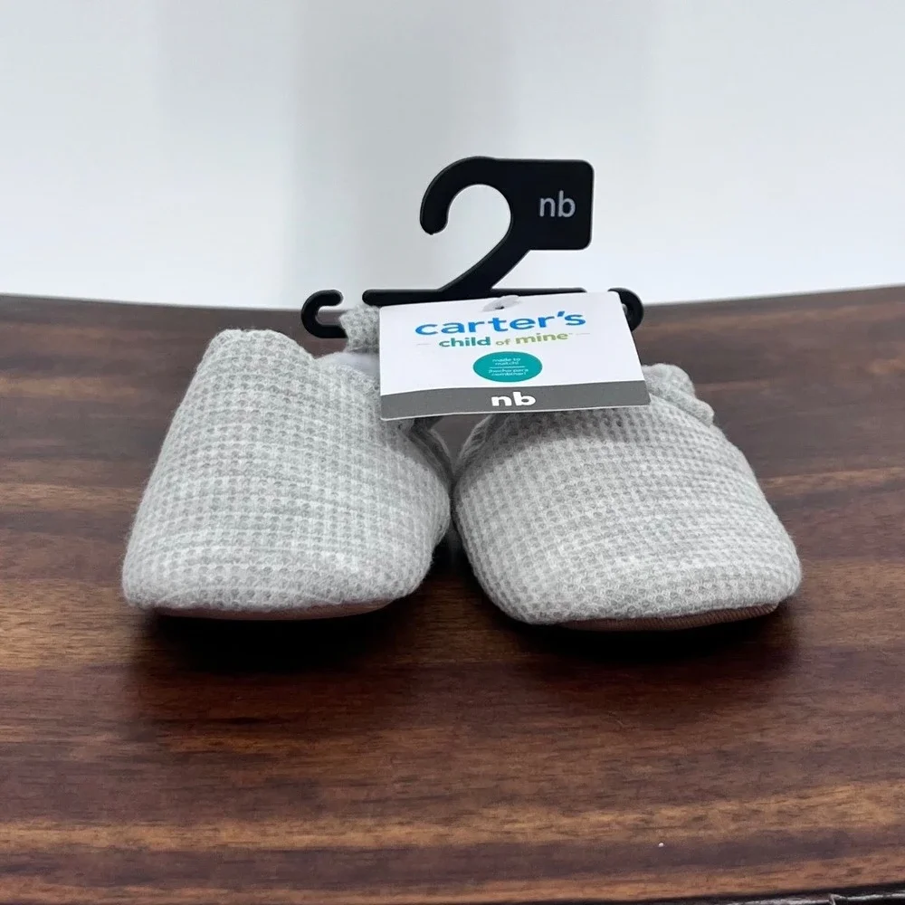Carters Gray Booties Unisex Newborn NB Waffle Knit Soft Sole Slip On Shoes NEW